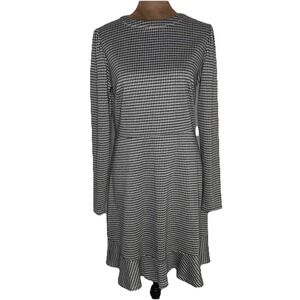 Loft Houndstooth A-Line Dress Long Sleeve Ruffle Hem Black/Gray Size 4 Stretch